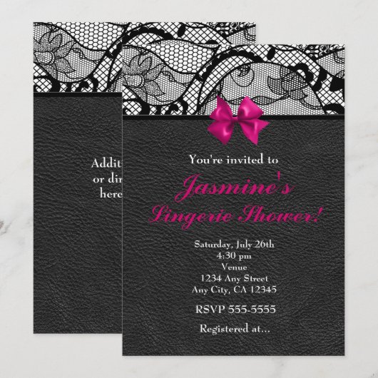 Zwart leer & kant lingerie douche uitnodiging (Voorkant / Achterkant)