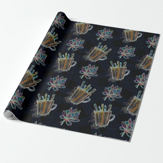 Zwart Licht Neon Kerstmis Heet Chocolade Patroon Cadeaupapier (Uitgerold)