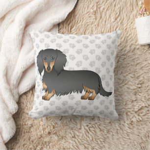 Zwart & Lichtbruin Langharige Dachshund Cartoon Ho Kussen
