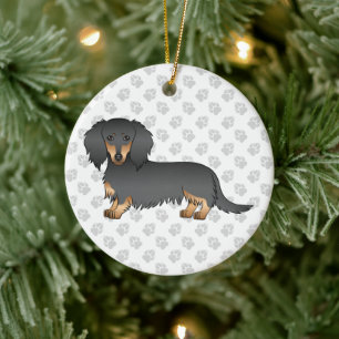 Zwart & Lichtbruin Langharige Dachshund Cartoonhon Keramisch Ornament