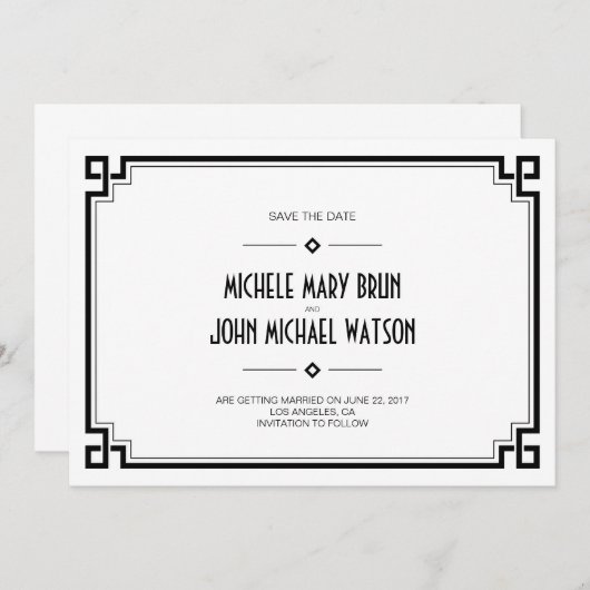 Zwart Lijst Art Deco White Save the Date Kaart (Voorkant / Achterkant)