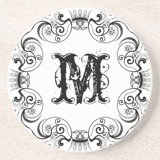 Zwart Lijst en groot monogram Zandsteen Onderzetter (Voorkant)