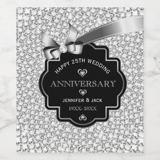 Zwart Lijst White Glitter 25th Wedding Jubileum Wijn Etiket (Enkel label)