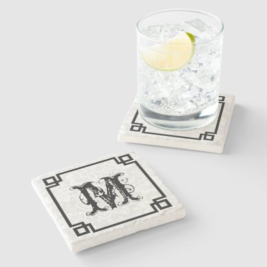 Zwart Lijst witte damast en groot monogram Stenen Onderzetter (Zijkant)