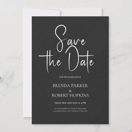 Zwart linnen Simple Black Script Save the Date Kaart (Voorkant)