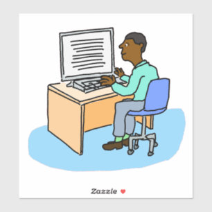 Zwart man dat bij een computer sticker werkt