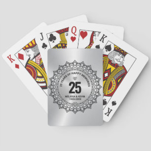 Zwart Mandala op Silver 25th Wedding Jubileum Pokerkaarten