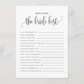 Zwart Manuscript dat de Bride Best Shower Game ken Informatiekaartje (Voorkant)