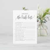 Zwart Manuscript dat de Bride Best Shower Game ken Informatiekaartje (Staand voorkant)