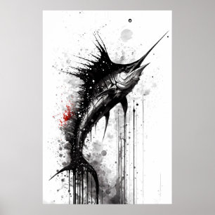 Zwart marlin Ink Painting Poster
