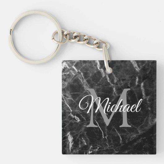 Zwart Marmer Creëer Uw Eigen Monogram Vierkant Sleutelhanger (Voorkant)