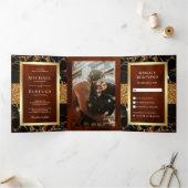 Zwart Marmer Goud Glitter Terracotta Bruiloft Drieluik Uitnodiging (Binnen)