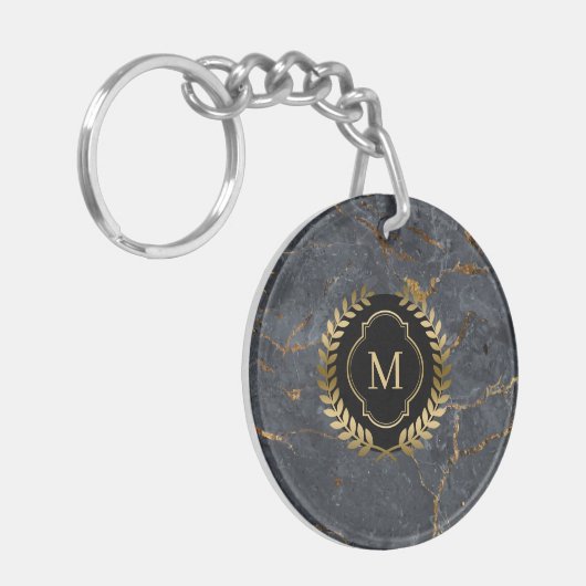 Zwart Marmer Gouden Badge Monogram Sleutelhanger (Voorkant Links)