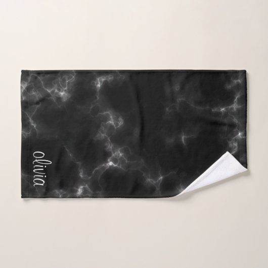 Zwart Marmer Modern Script Girly Monogram Naam Bad Handdoek (Handdoek)