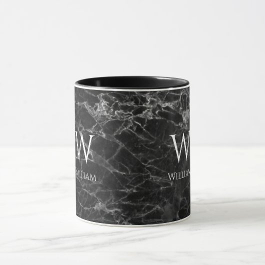 Zwart Marmer Monogram Naam Modern Wit Initiaal Mok (Midden)