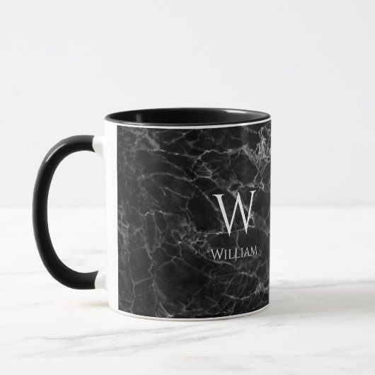 Zwart Marmer Monogram Naam Modern Wit Initiaal Mok (Links)