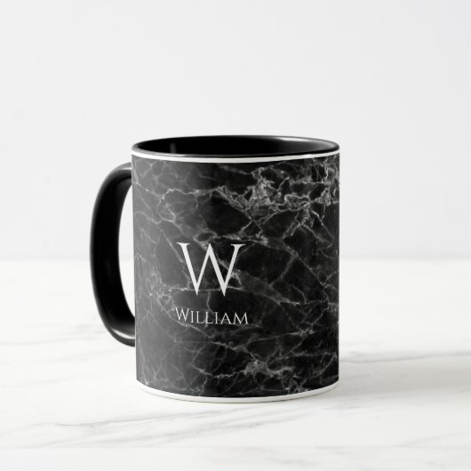 Zwart Marmer Monogram Naam Modern Wit Initiaal Mok (Voorkant links)