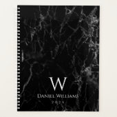 Zwart Marmer Monogram Naam Wit Initiaal Modern Planner (Voorkant)