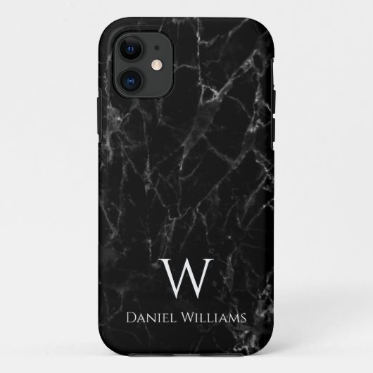 Zwart Marmer Monogram Witte Naam Modern Elegant Case-Mate iPhone Case (Achterkant)