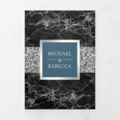 Zwart Marmer Zilver Glitter Stoffig Blauw Bruiloft Drieluik Uitnodiging (Cover)