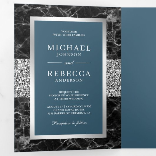 Zwart Marmer Zilver Glitter Stoffig Blauw Bruiloft Drieluik Uitnodiging (Binnenzijde eerst)