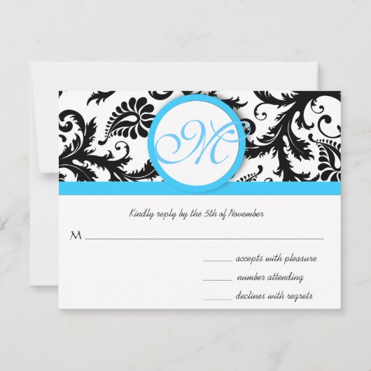 Zwart masker met lichte, donkerblauwe bruiloft RSVP kaartje (Achterkant)