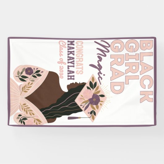 Zwart Meisje Afstudeerder Magic Floral Afstuderen Spandoek (Horizontaal)
