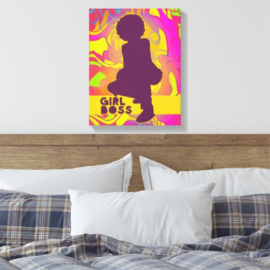 Zwart Meisje Baas Met Afro Groovy Neon Psychedelic Canvas Afdruk (Insitu (Slaapkamer))