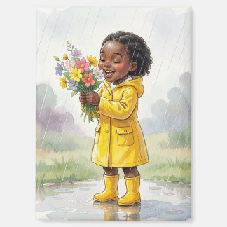Zwart meisje in de regen met bloemen – Zachte leve Magneet