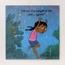 Zwart meisje in de regen schattige cartoon puzzel