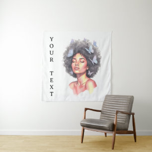 Zwart meisje pastel minimalistische vlinder op maa wandkleed