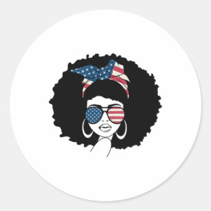 Zwart Meisje US vlag Melanin Afro 4th of July Afri Ronde Sticker