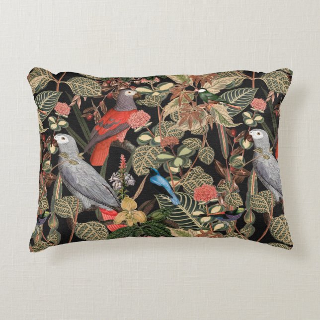 Zwart met Floral Bird Art Accent Kussen (Voorkant)