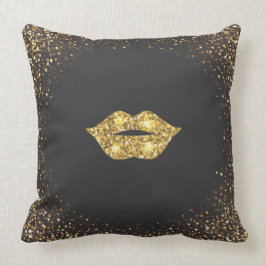 Zwart met Gold Glitter en Gold Lips Kussen