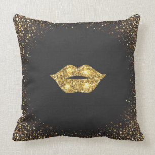 Zwart met Gold Glitter en Gold Lips Kussen