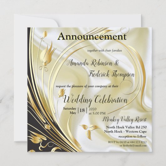 Zwart met goud op aankondiging van Champagne Silk (Voorkant)