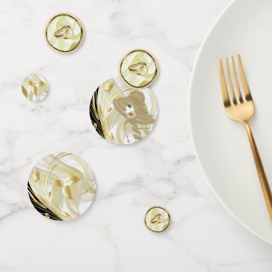 Zwart met goud op Champagne Silk Confetti (Groep)