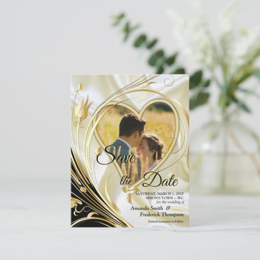 Zwart met Goud op Champagne Silk Save the Date Aankondiging (Staand voorkant)
