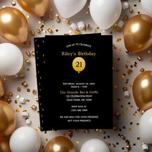 Zwart met gouden ballon en Confetti verjaardag Kaart