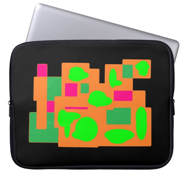 Zwart met groen roze perzik design blok patterned laptop sleeve (Voorkant)