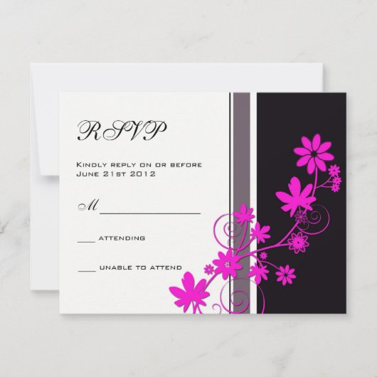 Zwart met Hot Pink Flower Weddenschap RSVP Kaartje (Voorkant)