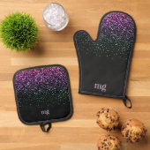 Zwart met kleurrijk glitteraccent ovenwant & pannenlap set (Top down)