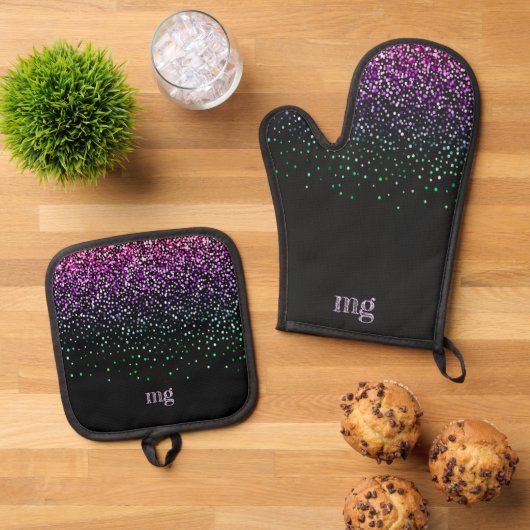 Zwart met kleurrijk glitteraccent ovenwant & pannenlap set (Top down)