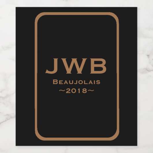 Zwart met kopermonogram en Lijsten wijnetiket Wijn Etiket (Enkel label)