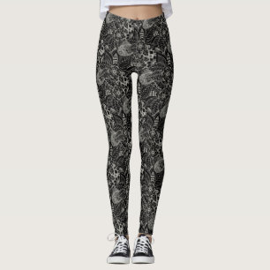Zwart met licht grijs Floral lace-patroon Leggings