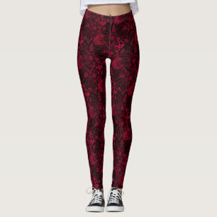 Zwart met Red Floral Lace Pattern-Leggings Leggings