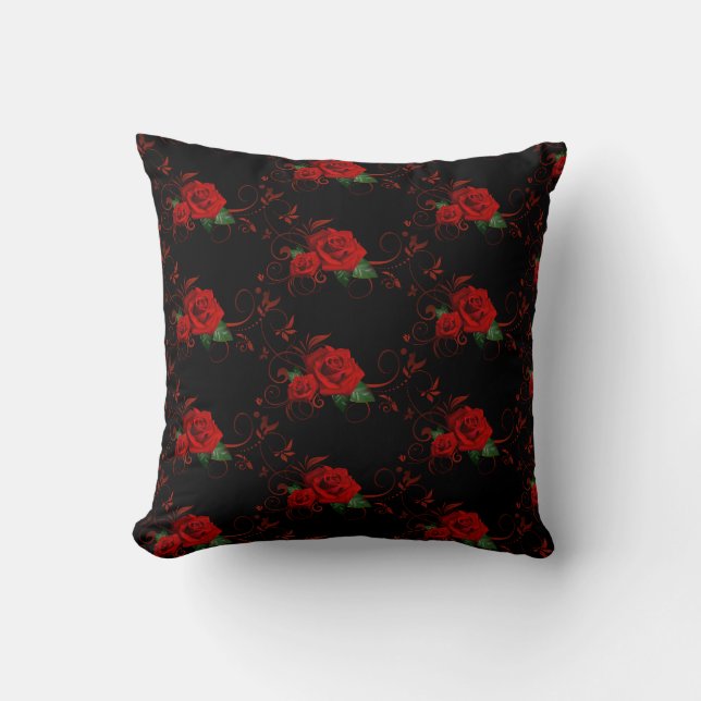Zwart met Red Roses Home Decor Sierkussen (Voorkant)