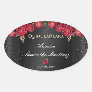 Zwart met rode rozen Quinceañera Calcamonias Ovale Sticker