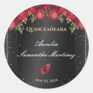 Zwart met rode rozen Quinceañera Calcamonias Ronde Sticker