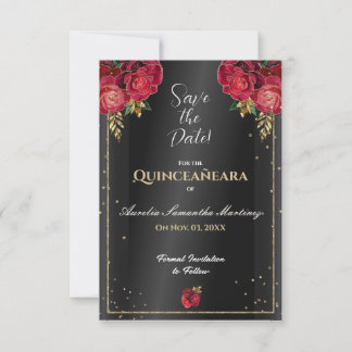 Zwart met rode rozen Quinceañera Save the Date